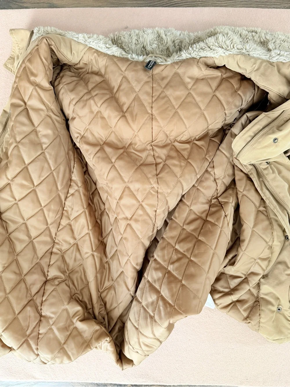 Tan Parka Coat Faux Fur-Lined Hood Winter interior quilted cozy bulky mid-length
